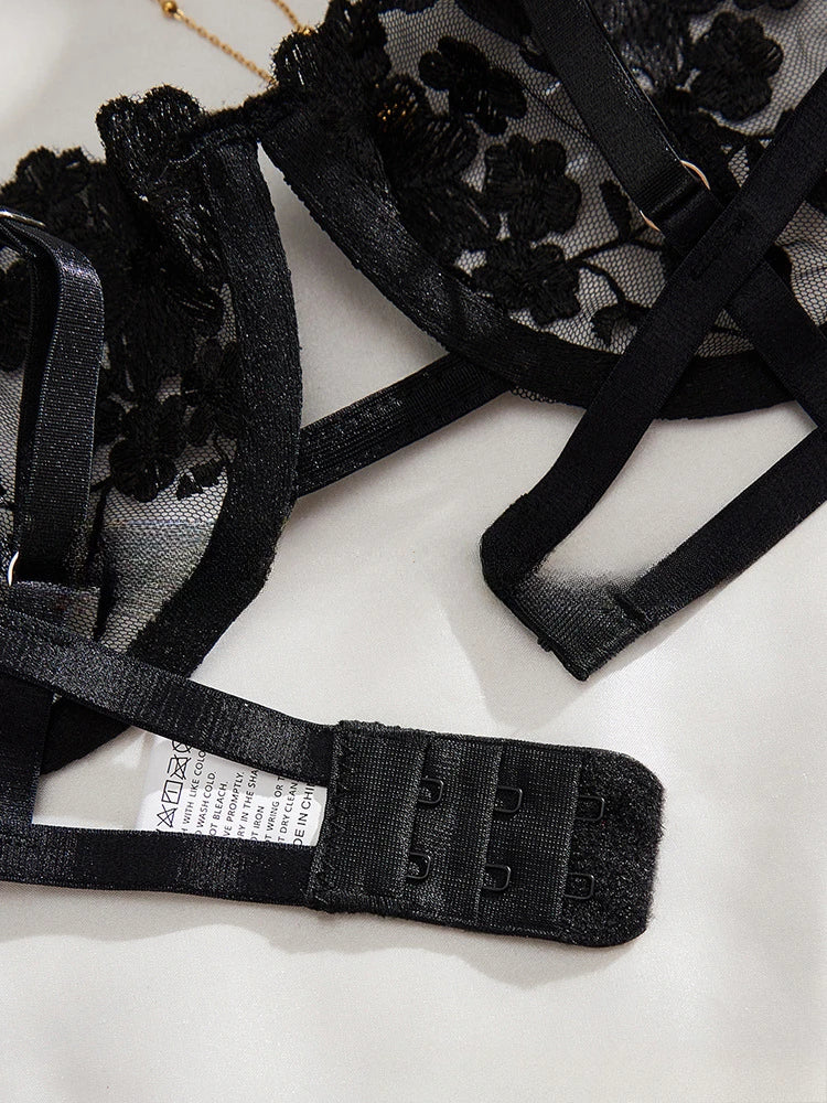 Lady Floral Embroidery Lingerie Set Women Sheer Bra and Brief Underwear Set Satin Sexy Intimates Underwear