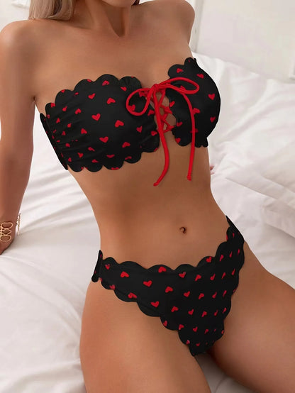 2025 Summer Bikini Set Off-Shoulder Crop Top & High Waist Bottom Polka Dot Swimwear Sexy Vintage Two-Piece Swimsuit for Women
