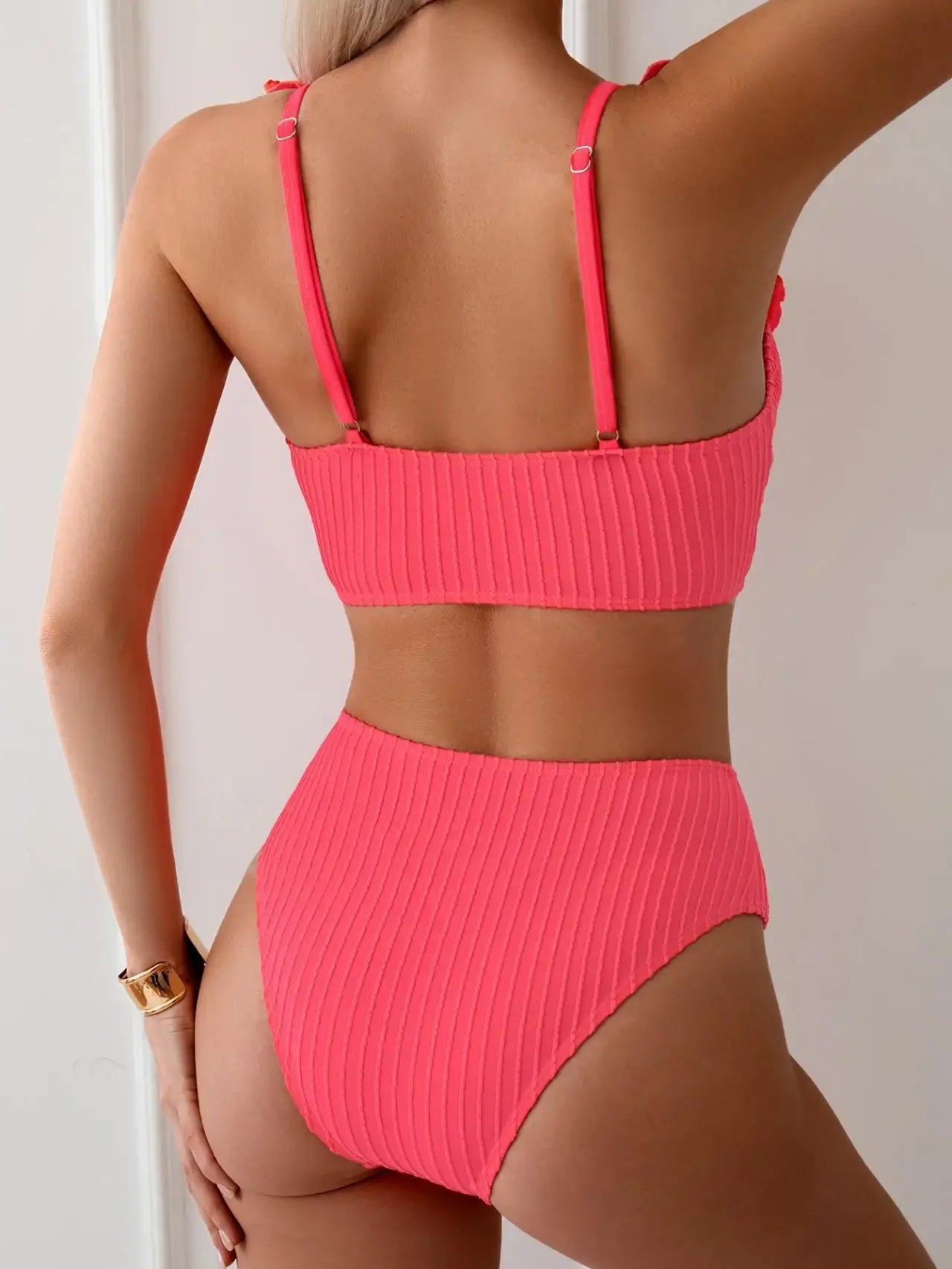 Vintage Ruffles Bikini Set Women Sexy Black V Neck Push Up Ribbed High Waist Swimwear 2025 Beach Bathing Suit Two Piece Swimsuit