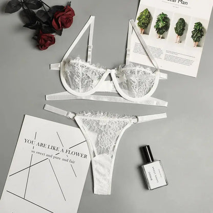 Thin Sexy Lingerie Bra Set  Erotic Push Up Breves Sets Woman Lace Transparent Underwear Embroidery Thong Kit Delicate Underwear