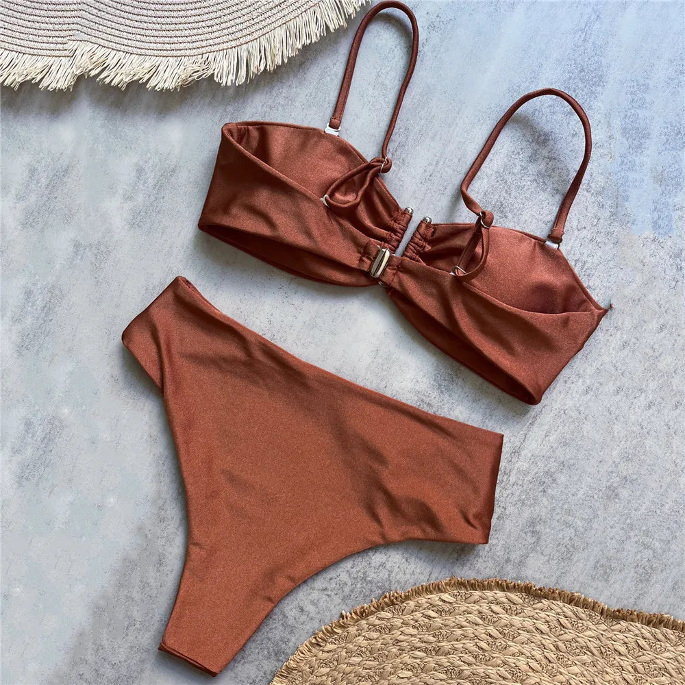 Brown Shiny U Shaped Bikini High Waist Sexy Swimsuit Women 2025 Wrinkled Solid Swimwears Bathing Suit Bandeau Bikinis Sets Mujer