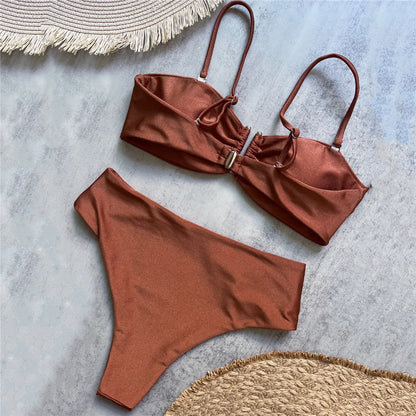 Brown Shiny U Shaped Bikini High Waist Sexy Swimsuit Women 2025 Wrinkled Solid Swimwears Bathing Suit Bandeau Bikinis Sets Mujer