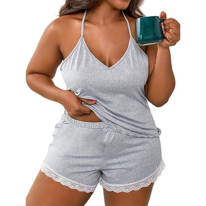 Women’s Lace Trim Pajama Set  Sexy Gray Cami  Shorts Sleepwear Soft Breathable Fabric Summer Home Loungewear Nightwear