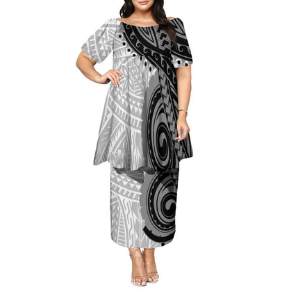 Newly Designed Women'S Round-Neck Top And Fitted Long Dress Polynesian Island-Style Pattern Pacific Puletasi Suit