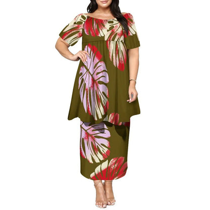 Newly Designed Women'S Round-Neck Top And Fitted Long Dress Polynesian Island-Style Pattern Pacific Puletasi Suit