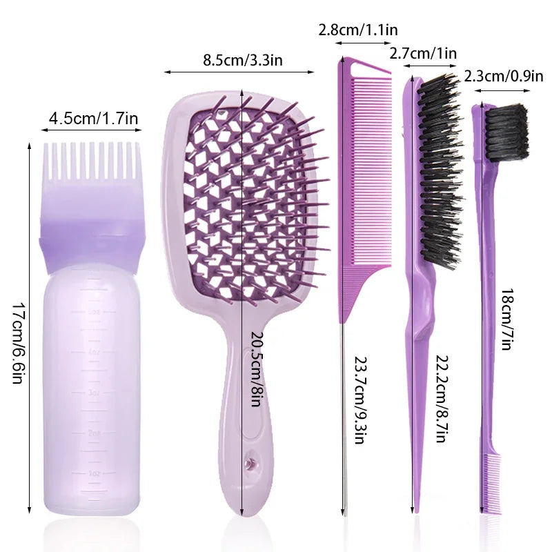 5pcs Set detangling hair brush wig brush set Hollow comb Purple Dual Edge Brush Styling Comb for Curly/Straight/Wet/Dry Tools