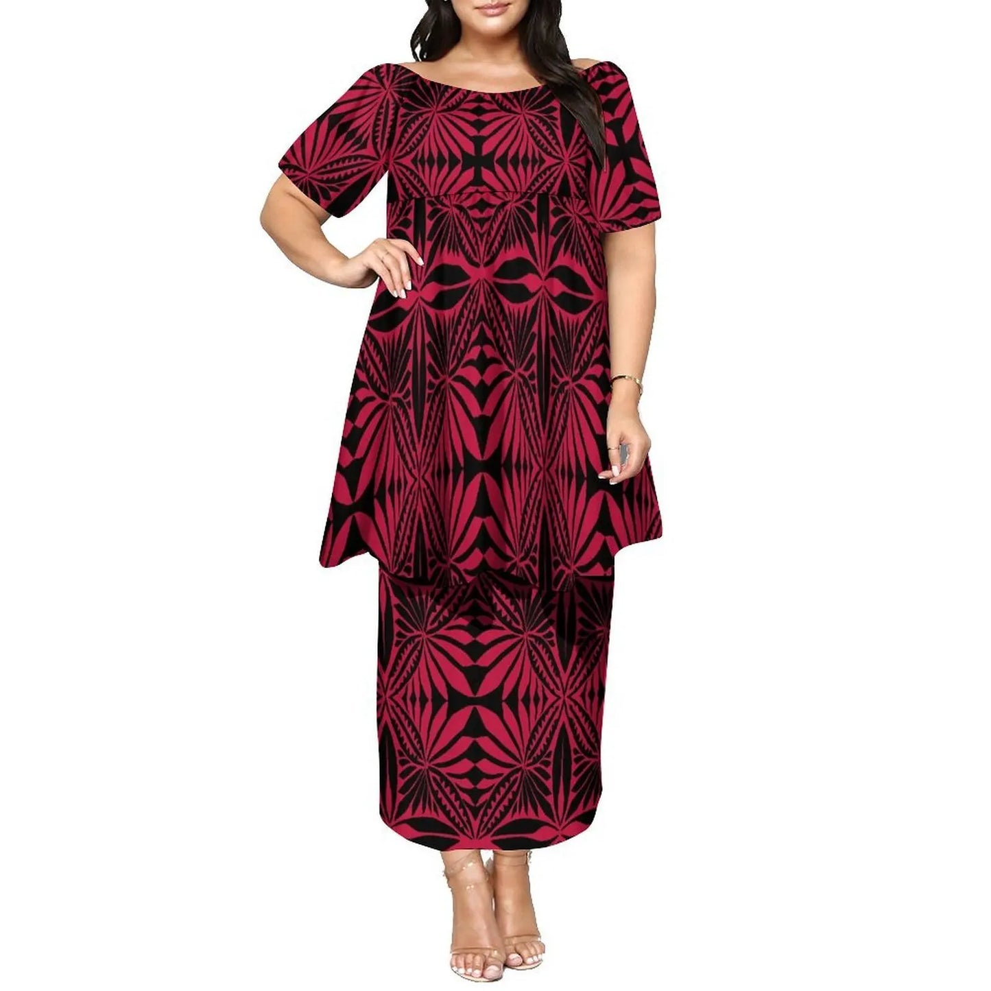 Newly Designed Women'S Round-Neck Top And Fitted Long Dress Polynesian Island-Style Pattern Pacific Puletasi Suit