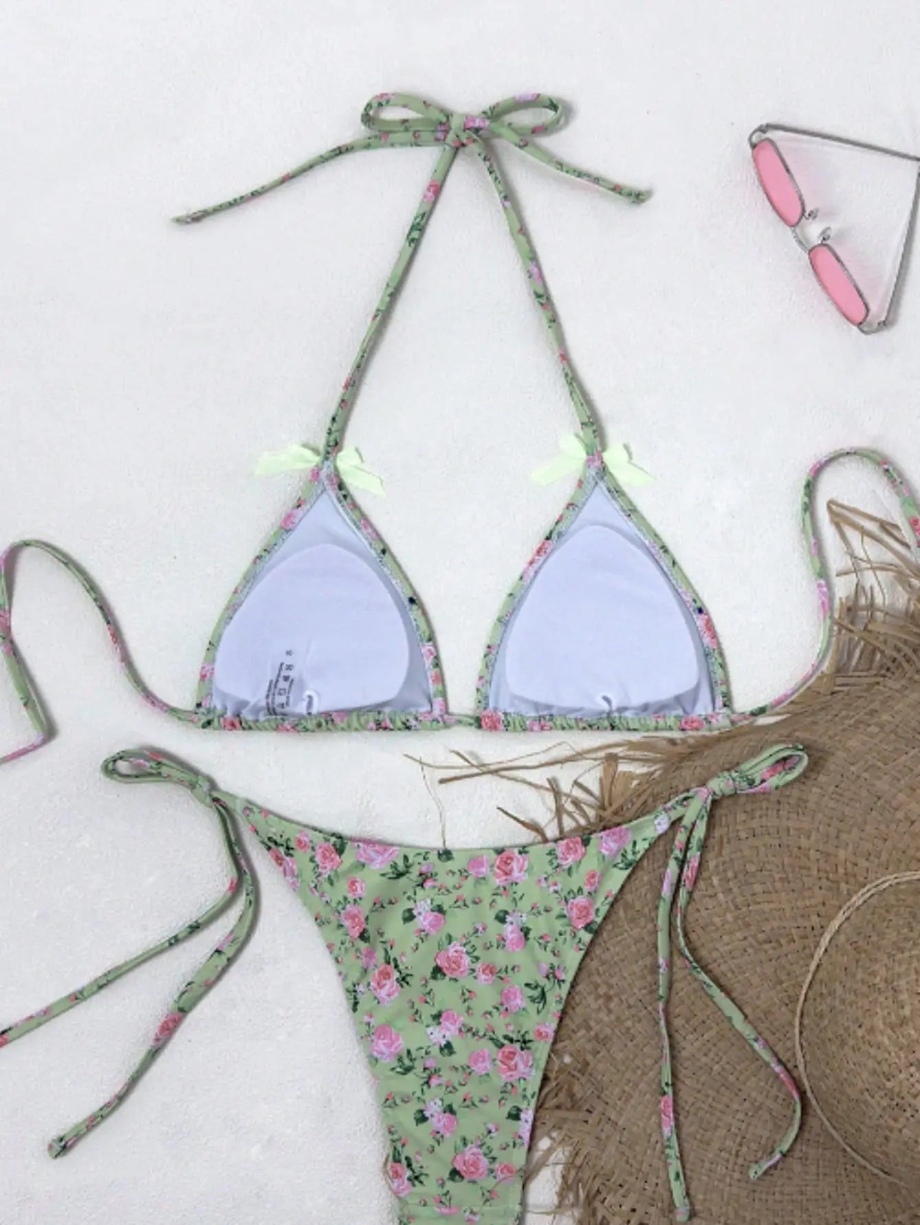 Sexy Triangular Print Bikini Two-Piece Swimsuit with Bow Tie Strap Polyester Fabric Floral Pattern Small Fresh Style for Women