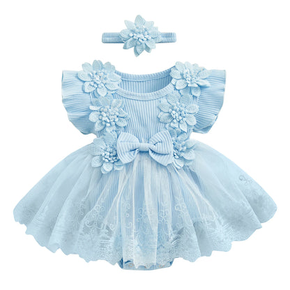 3D Flower Summer Baby Girls Romper Princess Mesh Newborn Clothes Lace Patchwork Ruffle Bodysuit Dress Headband Kids Clothing