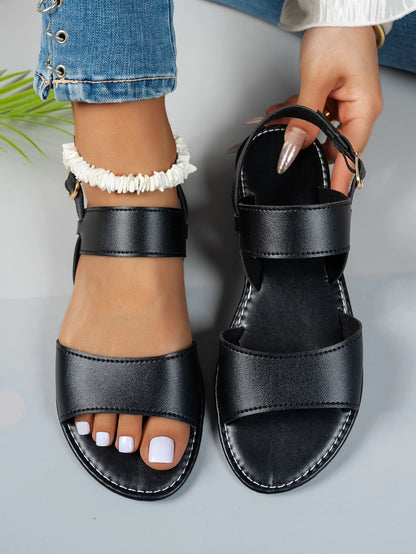 Solid-color flat sandals that are convenient and comfortable, featuring a stylish, versatile round toe with a sporty vibe.