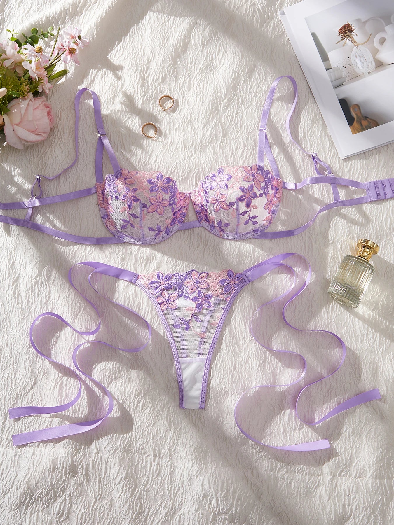 Lady Floral Embroidery Lingerie Set Women Sheer Bra and Brief Underwear Set Satin Sexy Intimates Underwear