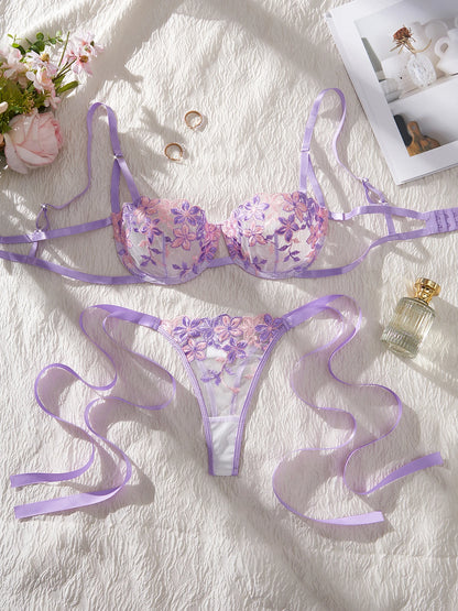 Lady Floral Embroidery Lingerie Set Women Sheer Bra and Brief Underwear Set Satin Sexy Intimates Underwear