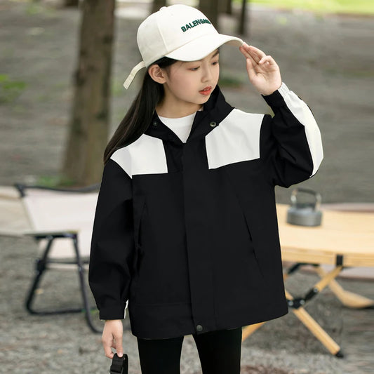 Windproof Hooded Jacket for Teens - All-Season Hiking & Outdoor Coat with Adjustable Cap, Zippered Pockets & Polyester Lining