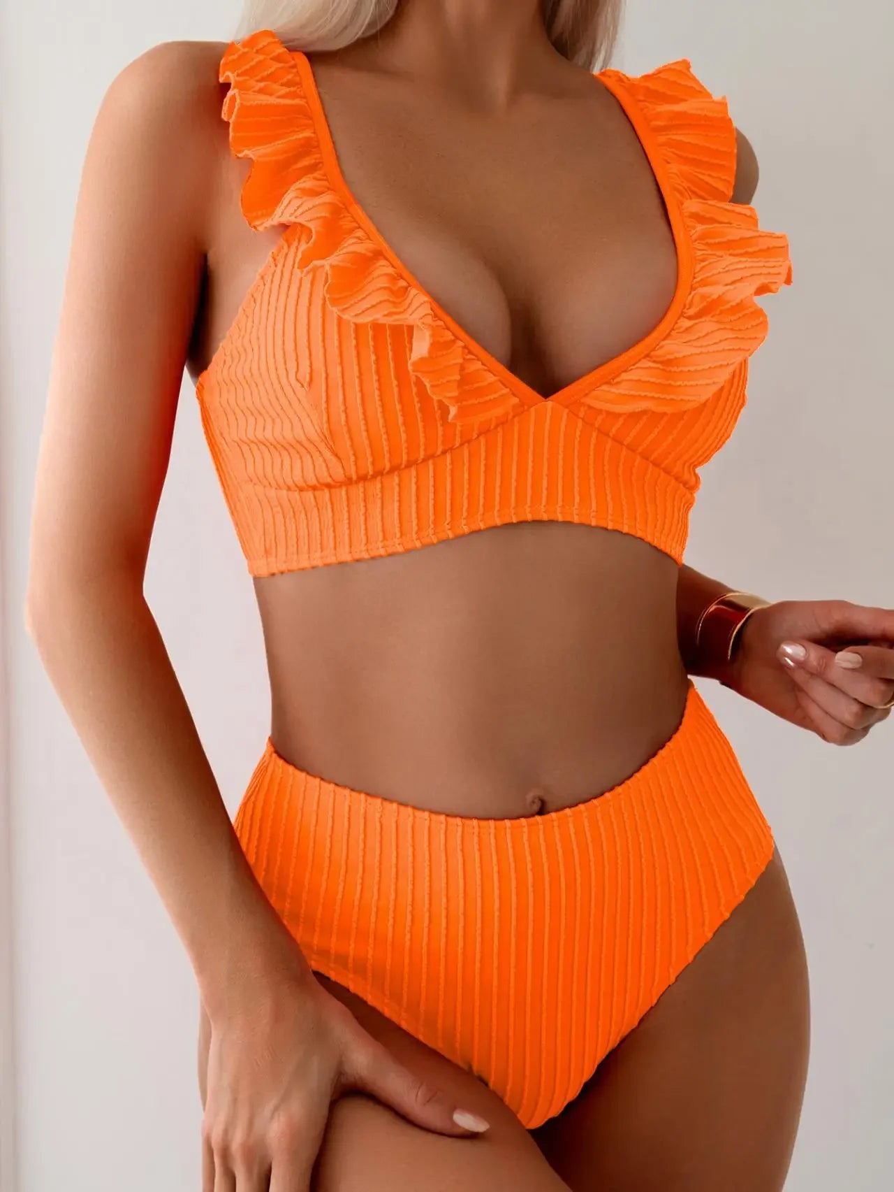 Vintage Ruffles Bikini Set Women Sexy Black V Neck Push Up Ribbed High Waist Swimwear 2025 Beach Bathing Suit Two Piece Swimsuit