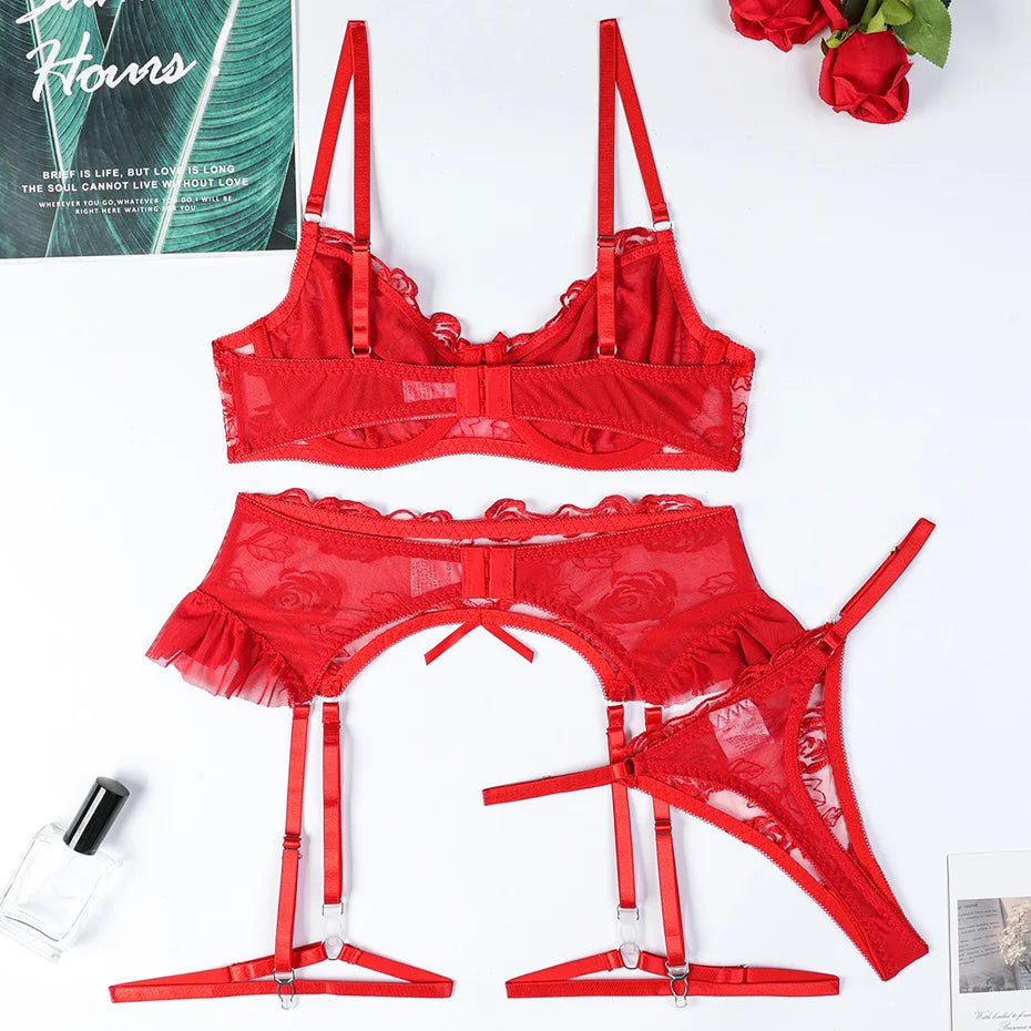 JSY Sexy Lingerie Women Underwear Set Red Embroidery Lace Bra And Pant Garter Set Skirt Babydoll Erotic Brief Set Porno Costume