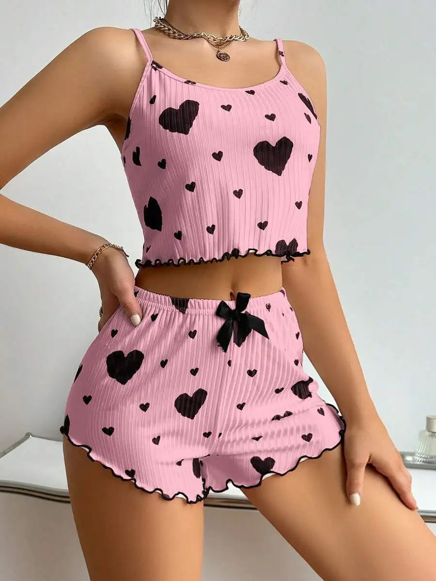 Women’s 2PCS Heart Print Pajama Set, Sleeveless Crop Top and Shorts, Soft Comfy Sleepwear Loungewear for Summer Nightwear