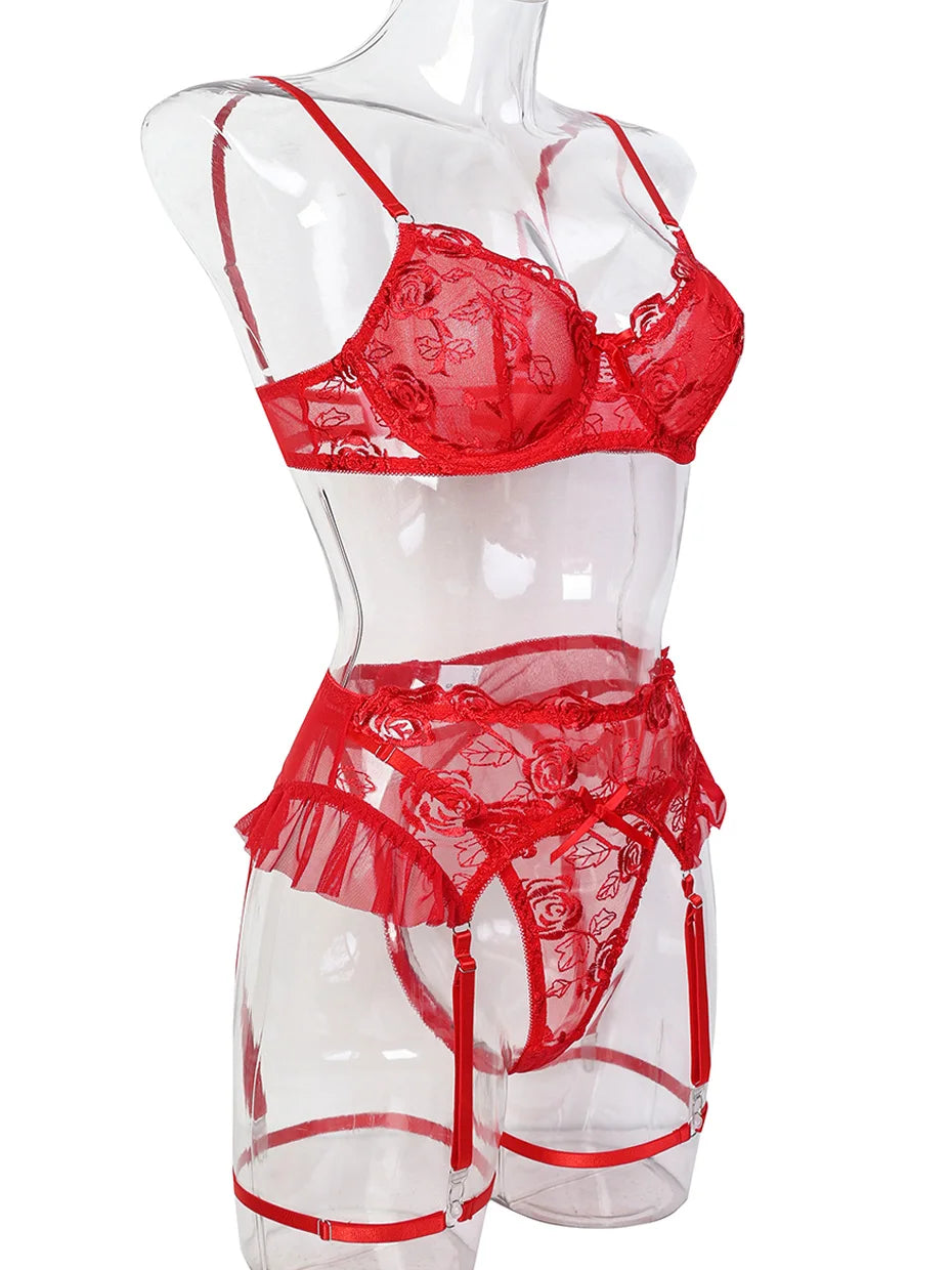 JSY Sexy Lingerie Women Underwear Set Red Embroidery Lace Bra And Pant Garter Set Skirt Babydoll Erotic Brief Set Porno Costume