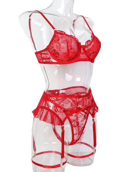 JSY Sexy Lingerie Women Underwear Set Red Embroidery Lace Bra And Pant Garter Set Skirt Babydoll Erotic Brief Set Porno Costume