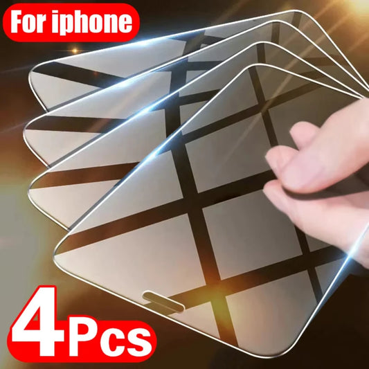 4PCS Tempered Glass for iPhone 11 12 13 14 15 16 Pro XR X XS Max 12 13 Mini 7 8 Plus Glass