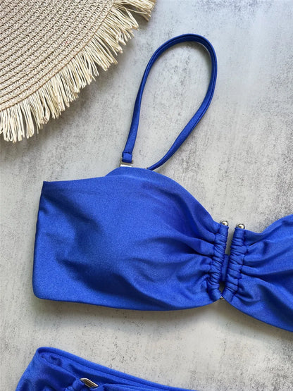 Brown Shiny U Shaped Bikini High Waist Sexy Swimsuit Women 2025 Wrinkled Solid Swimwears Bathing Suit Bandeau Bikinis Sets Mujer