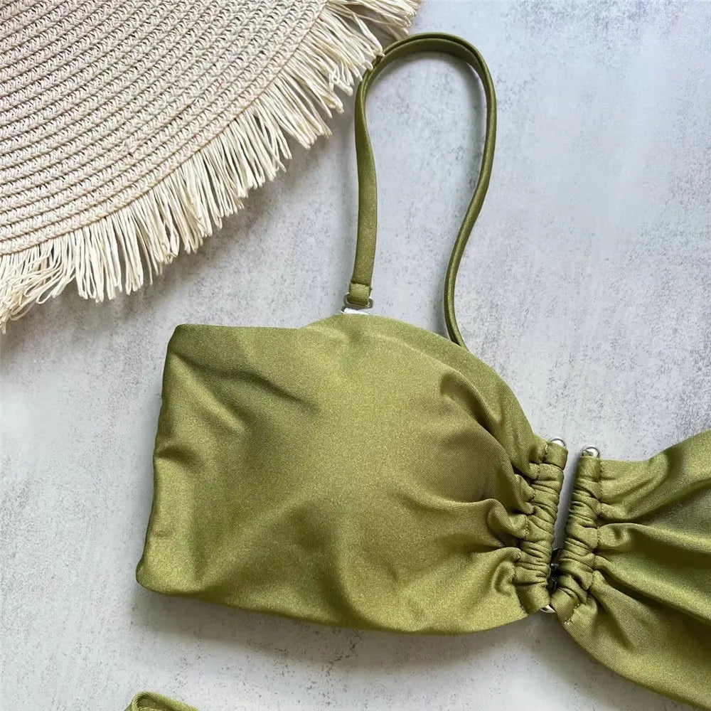 Brown Shiny U Shaped Bikini High Waist Sexy Swimsuit Women 2025 Wrinkled Solid Swimwears Bathing Suit Bandeau Bikinis Sets Mujer