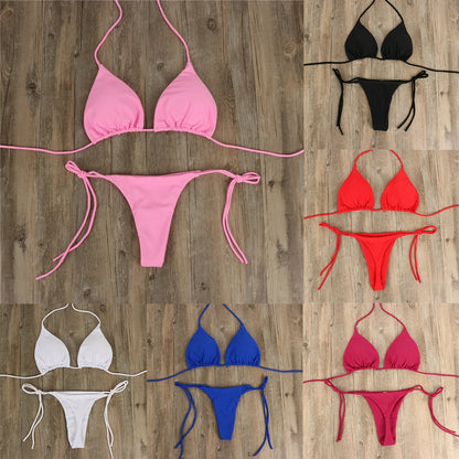 Womens Ultra Thin Thong Elastic Thong Seamless Bikini Set Side Tie Sexy Solid Color Swimsuit Bandage Style Brazilian Swimwear