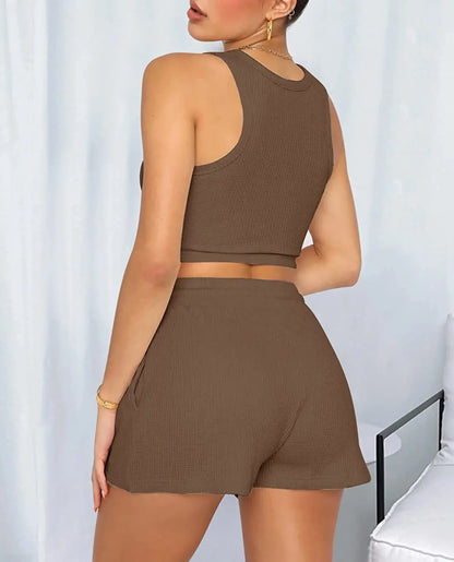 2025 Summer Two Piece Set Women New Fashion Casual Beach Lace Up Elastic Waist Solid Color Sleeveless Vest Crop Tops Short Sets