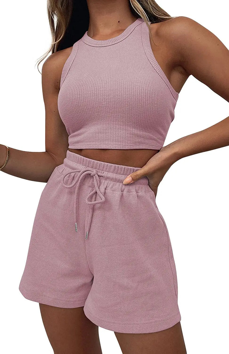 2025 Summer Two Piece Set Women New Fashion Casual Beach Lace Up Elastic Waist Solid Color Sleeveless Vest Crop Tops Short Sets