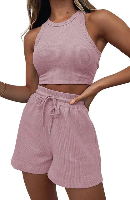 2025 Summer Two Piece Set Women New Fashion Casual Beach Lace Up Elastic Waist Solid Color Sleeveless Vest Crop Tops Short Sets