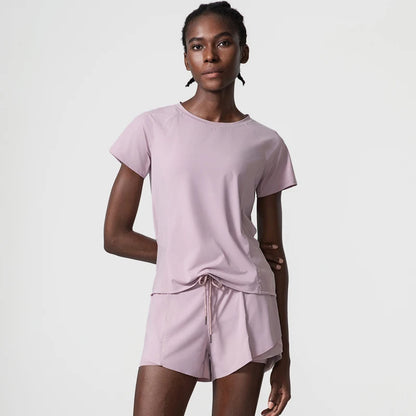 Women Summer Short Sportswear Solid Color Two Pieces Fitness Yoga Set Breathable Quick Dry Gym Suit Loose Workout Clothes