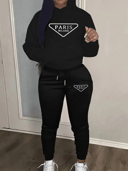 Women's autumn and winter fashion casual hip-hop street Paris MILANO pattern printed warm hooded sweatshirt+sports pants set