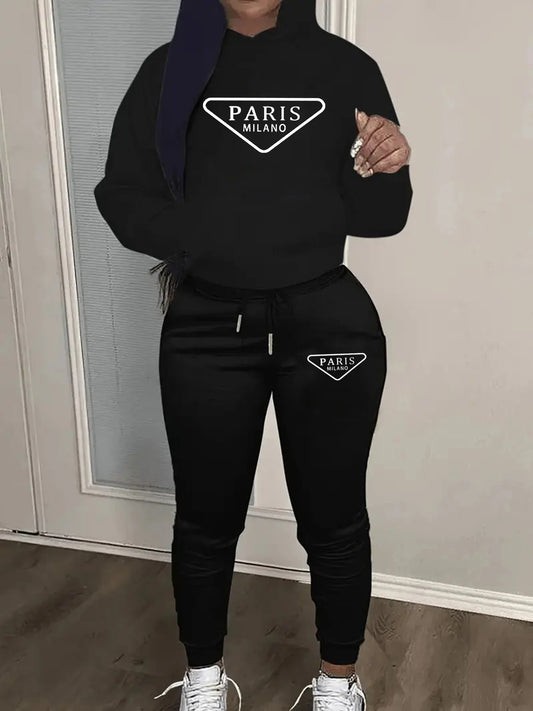 Women's autumn and winter fashion casual hip-hop street Paris MILANO pattern printed warm hooded sweatshirt+sports pants set