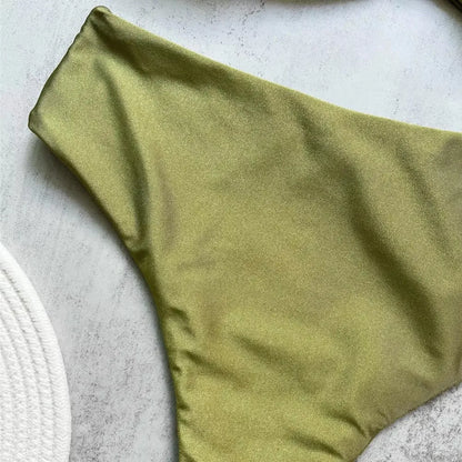 Brown Shiny U Shaped Bikini High Waist Sexy Swimsuit Women 2025 Wrinkled Solid Swimwears Bathing Suit Bandeau Bikinis Sets Mujer
