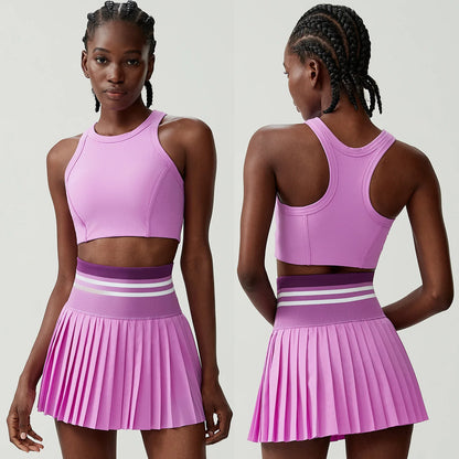 Women Short Sportswear Two Pieces Fitness Yoga Set High Waist Tennis Skirt Crop Top Gym Suit Female Breathable Sportswear