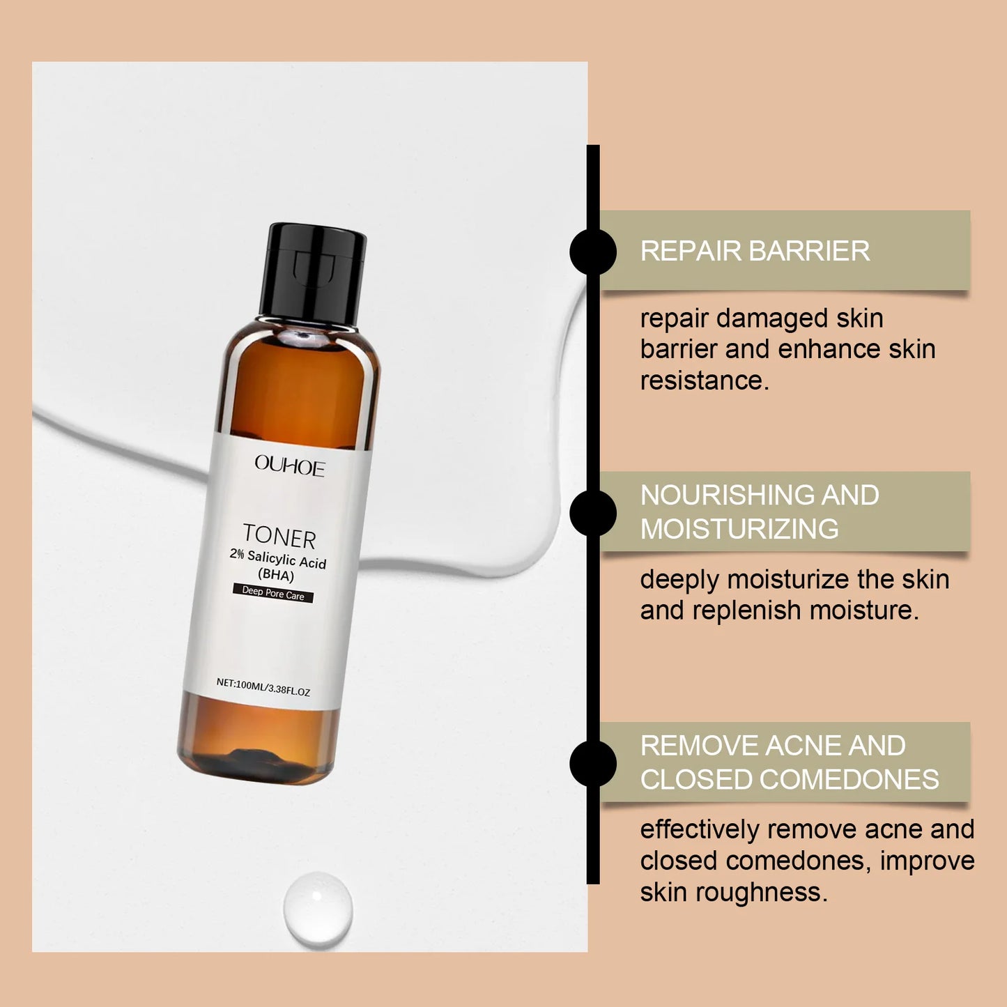 Salicylic Acid Toner for Acne Removing Control Oil Shrink Pores Remove Pimple Exfoliating Moisturizing Brighten Facial Toner