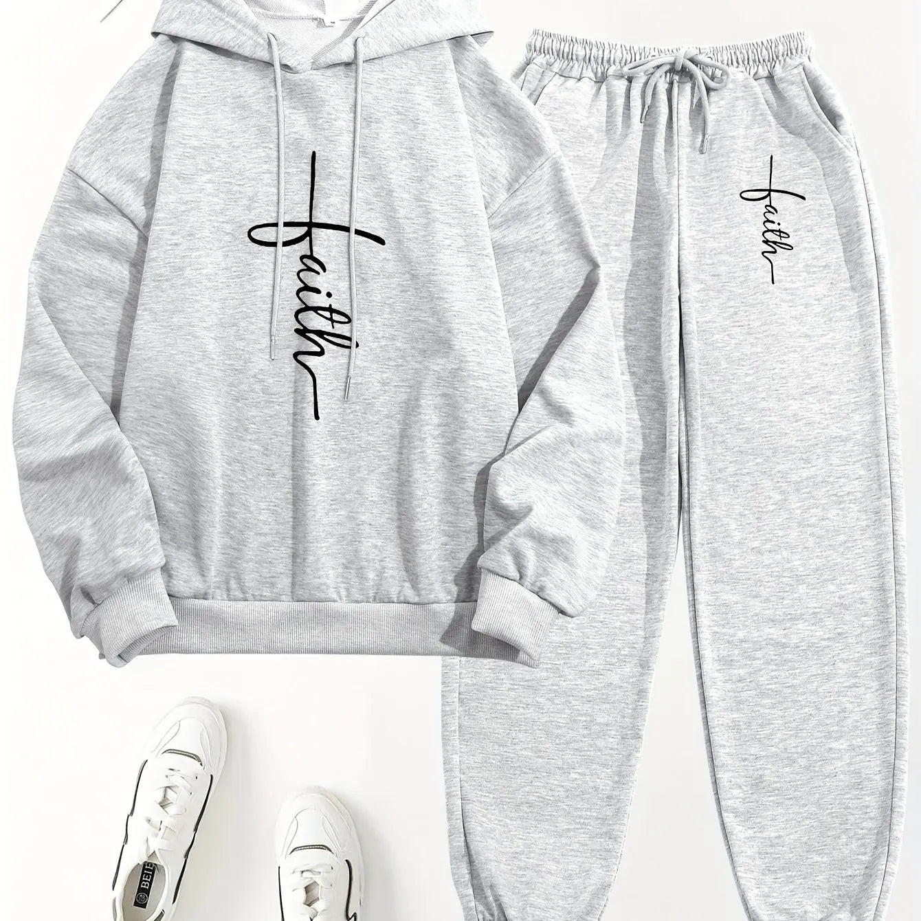 Women's Autumn/Winter Hoodie+Sports Pants Set Hip Hop Street Casual Faith Cross Printed Fashion Velvet Warm Clothing