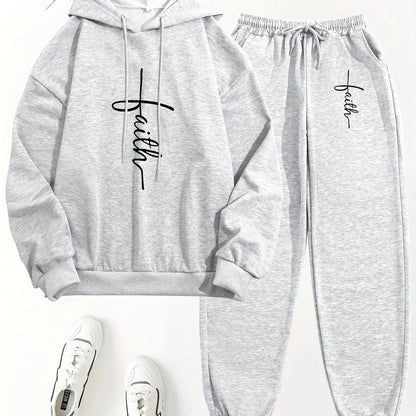 Women's Autumn/Winter Hoodie+Sports Pants Set Hip Hop Street Casual Faith Cross Printed Fashion Velvet Warm Clothing