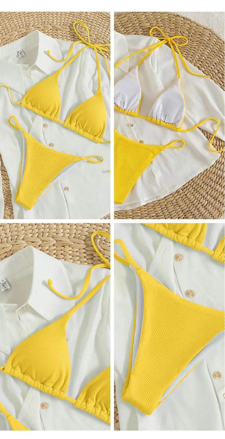 Sexy Women Thong Solid Color Bikini Set Side Halter Tie Swimsuit Ladies Split Strap Adjustable Brazilian Swimwear Beachwear