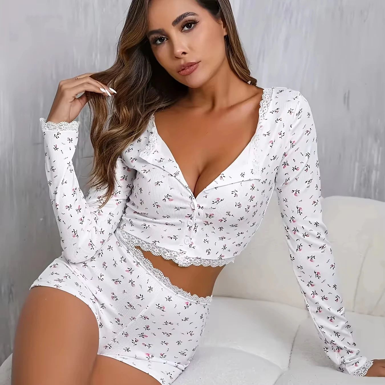 Sexy Womens Floral Print Pajamas Set Summer Long Sleeve Top And Shorts Sleepwear 2 Piece Set For Women Home Casual Skinny Suit