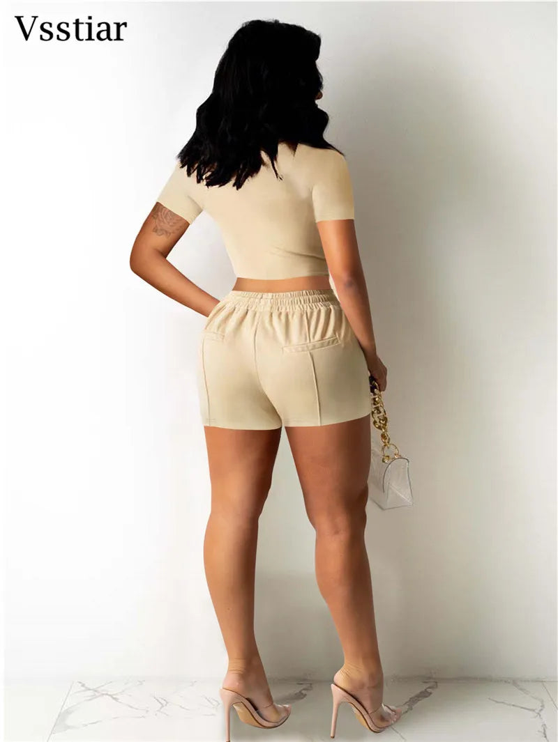 Vsstiar Short Sleeve Square Collar Crop Top And Shorts Summer Solid Color Slim Women Two Piece Set Fashion Casual Tracksuit