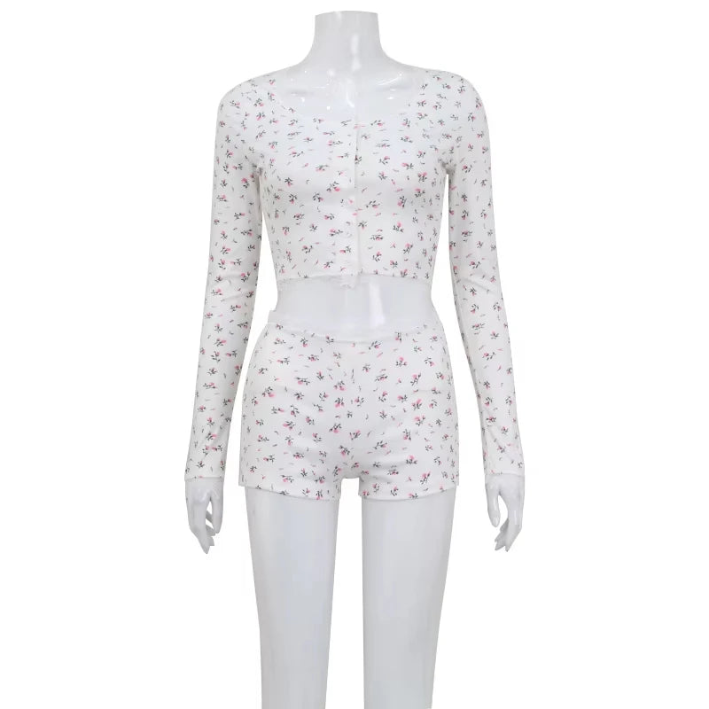 Sexy Womens Floral Print Pajamas Set Summer Long Sleeve Top And Shorts Sleepwear 2 Piece Set For Women Home Casual Skinny Suit