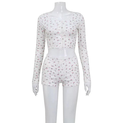 Sexy Womens Floral Print Pajamas Set Summer Long Sleeve Top And Shorts Sleepwear 2 Piece Set For Women Home Casual Skinny Suit