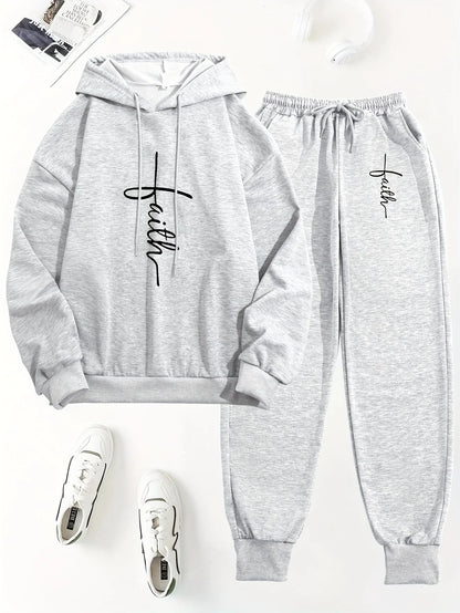 Women's Autumn/Winter Hoodie+Sports Pants Set Hip Hop Street Casual Faith Cross Printed Fashion Velvet Warm Clothing