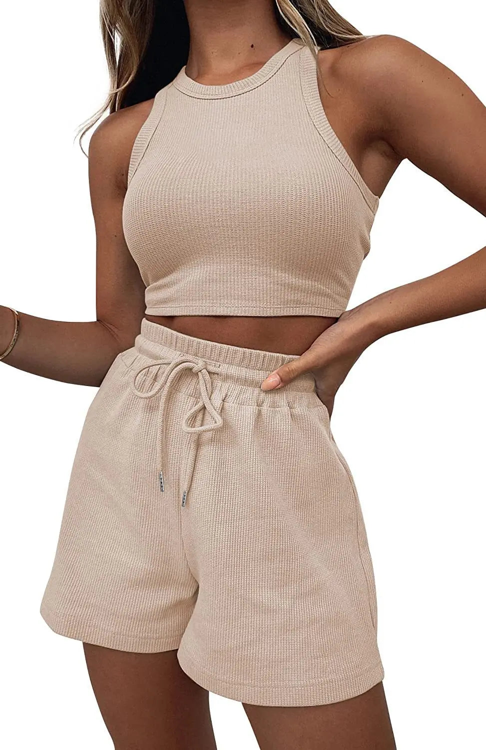 2025 Summer Two Piece Set Women New Fashion Casual Beach Lace Up Elastic Waist Solid Color Sleeveless Vest Crop Tops Short Sets