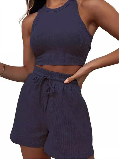 2025 Summer Two Piece Set Women New Fashion Casual Beach Lace Up Elastic Waist Solid Color Sleeveless Vest Crop Tops Short Sets