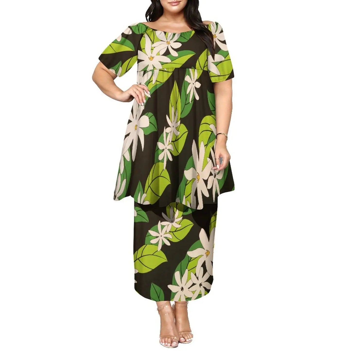 Newly Designed Women'S Round-Neck Top And Fitted Long Dress Polynesian Island-Style Pattern Pacific Puletasi Suit