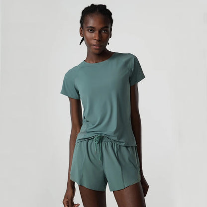 Women Summer Short Sportswear Solid Color Two Pieces Fitness Yoga Set Breathable Quick Dry Gym Suit Loose Workout Clothes