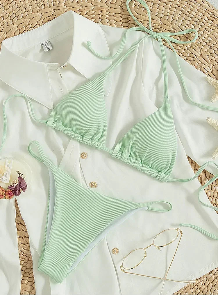 Sexy Women Thong Solid Color Bikini Set Side Halter Tie Swimsuit Ladies Split Strap Adjustable Brazilian Swimwear Beachwear