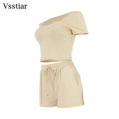 Vsstiar Short Sleeve Square Collar Crop Top And Shorts Summer Solid Color Slim Women Two Piece Set Fashion Casual Tracksuit
