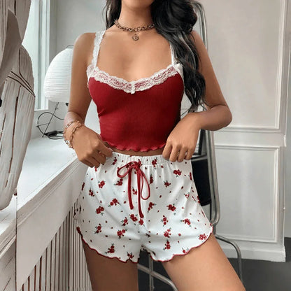 Pajamas Suit Women 2 Piece Sets Camisole Shorts Loungewear Lace Flower Print Sling Top Short Pants Outfits Summer Sleepwear